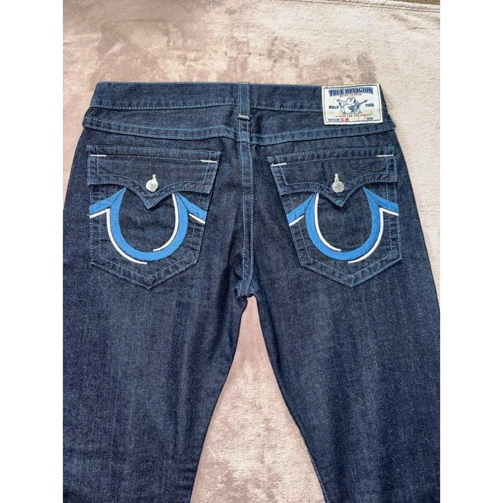 True Religion Mens Straight Blue Denim Jeans Dark Wash Slim‎ Fit Size 36